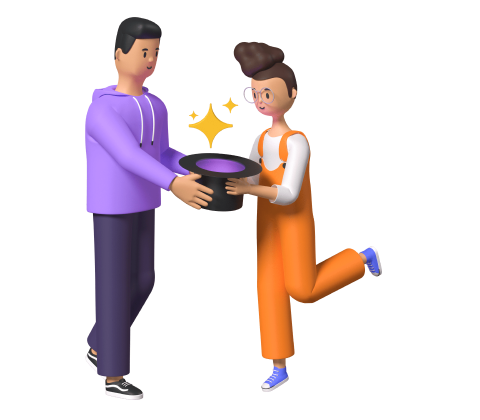 A man and woman holding a magic product and software development hat